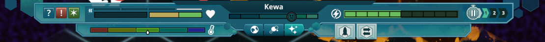 When viewing the galaxy, (top row, left to right) Kewa's health, happiness, and energy; and temperature (bottom left).