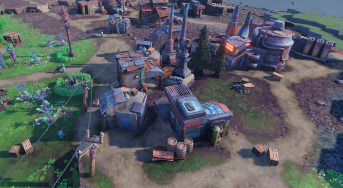 An industrial area's ground has become discolored with heavy pollution.