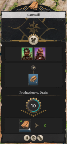 This new Sawmill is bringing Hardwood from one Woodcutter (one Fetcher and one link icon). There hasn't been any recent pickup, so output storage is not yet full and drain is zero.
