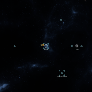 An in-game top-down view of Luna and Earth in orbit, showing the positions of their five Lagrange points